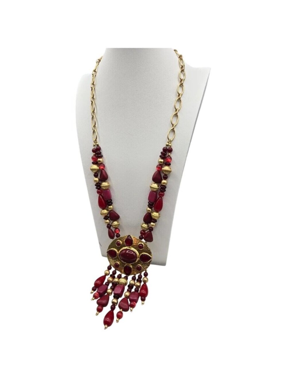 Vintage Chicos Red Statement Necklace Gold Beaded Fringe Bold 35th Anniversary - Picture 10 of 12